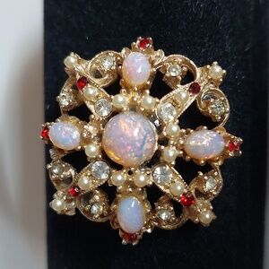 Faux Fire Opal Rhinestone Garnet Seed Pearl Dome Vintage Goldtone Brooch Pin GVC